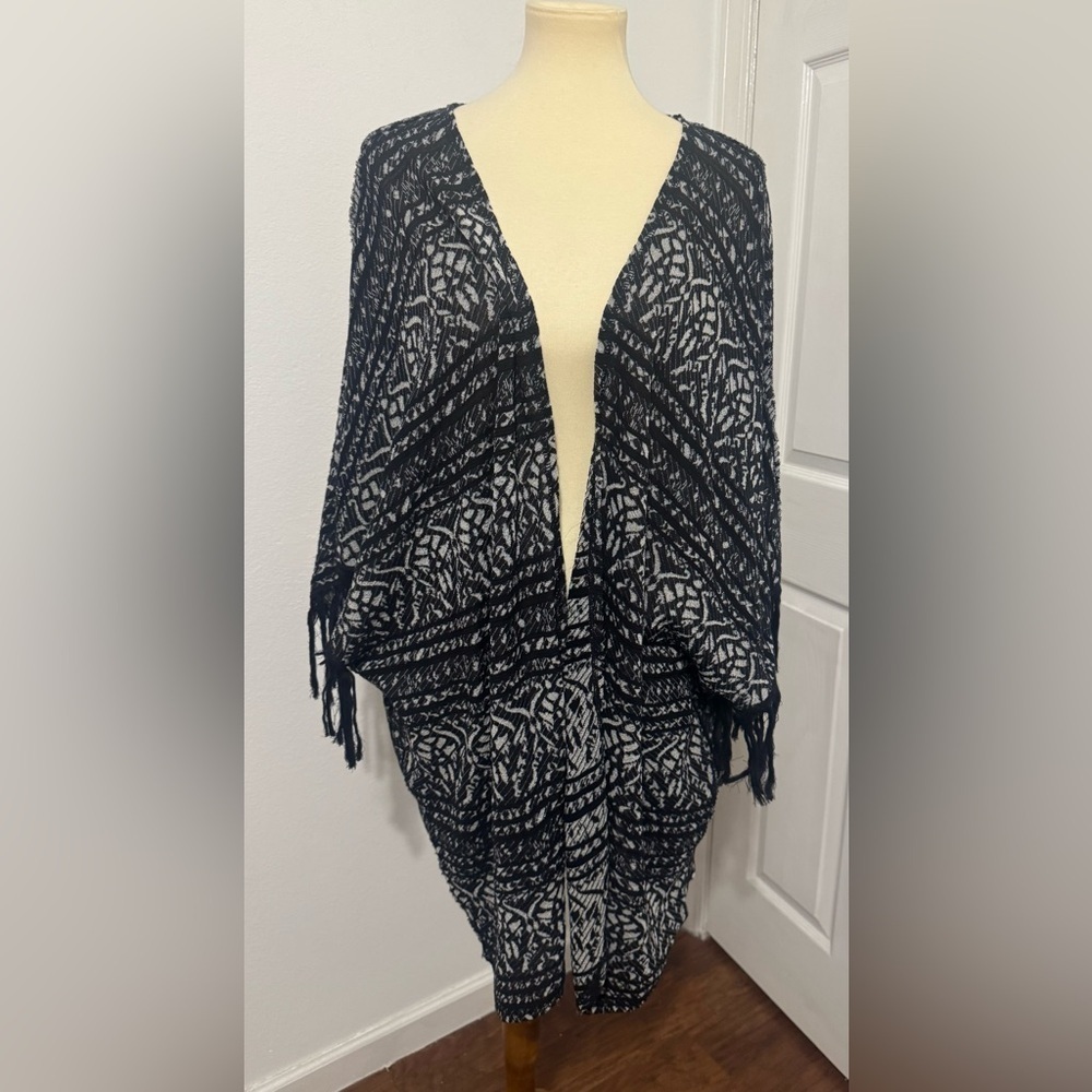 Free People Kimono Boho Tapestry Fringe Open Front Cardigan Oversized ASO M/L